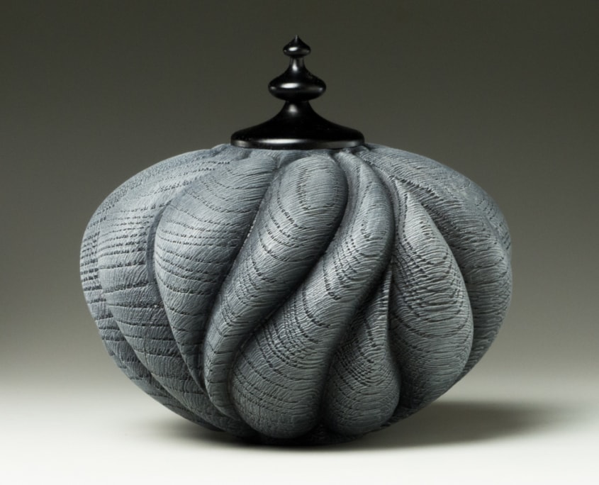 Bella - 5 1/2” x 5 1/2” - Oak vessel, turned, sandblasted and painted. Maple finial, turned and dyed black.